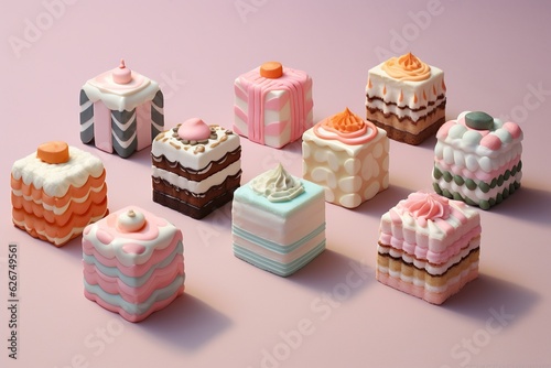 A delicious display food cake pattern of pastel-hued cakes, intricately decorated with isometric patterns and topped with sweet icing, invites viewers to indulge in the joyful sweetness of dessert photo