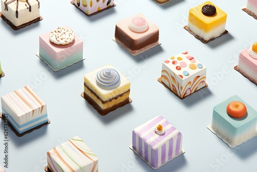 A delicious food cake pattern of sweet, pastel-colored isometric cakes in boxes creates a playful and vibrant pattern, inviting you to indulge in a delightful dessert experience indoors photo