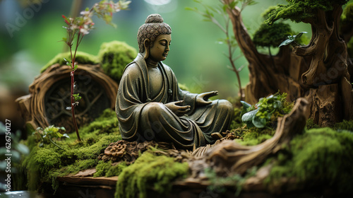 buddha statue on a rock in a blurred green nature, fresh natural spa wallpaper concept with asian spirit and copy space or zen garden