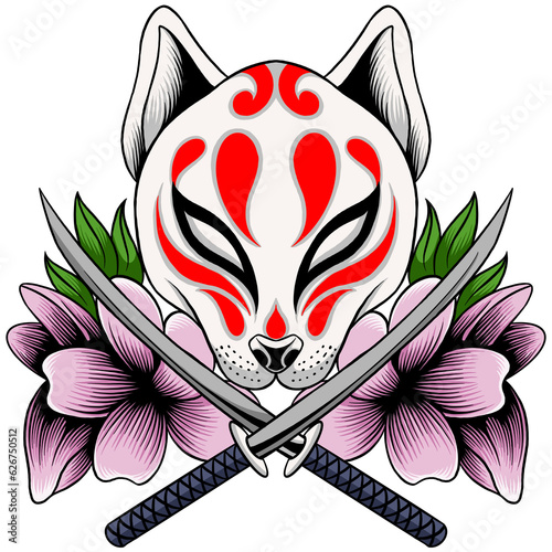 kitsune mask with katana sword and sakura flower illustration