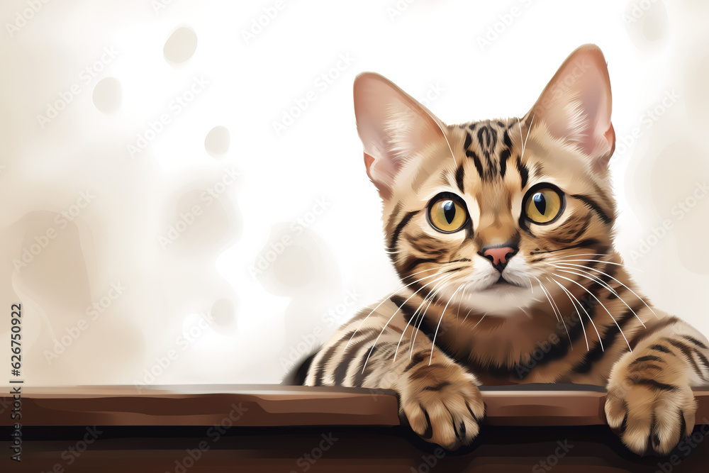 Image of cute bengal cat lying on sofa. Pet. animals. Illustration, Generative AI.