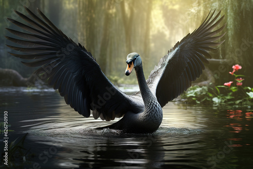Image of black swan on the water in the swamp in the fertile forest. Nature. Illustration, Generative AI. photo