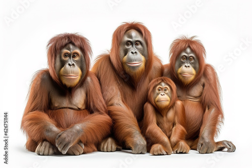 Image of family group of orangutan orange on white background. Wildlife Animals. Illustration, Generative AI.