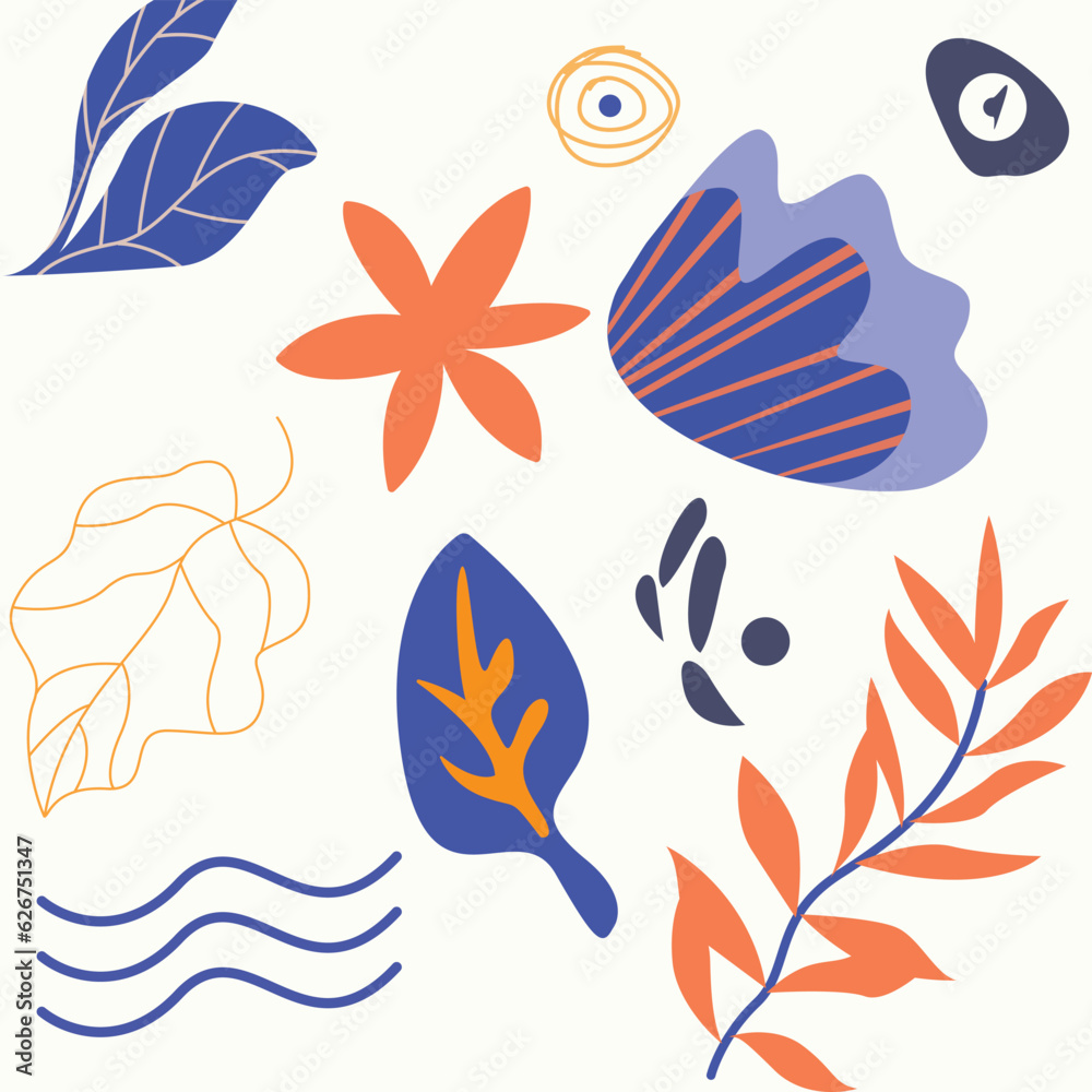 Vector set of liquid organic shapes flowers leaves other elements and badges arranged with plants, can be used for poster or banner 
