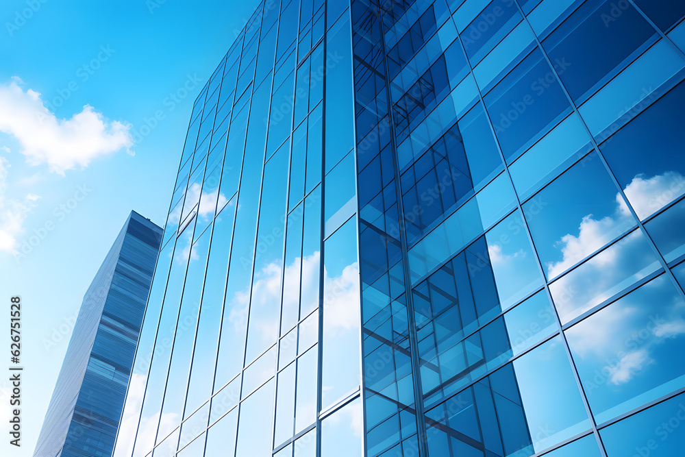 Reflective skyscrapers, business office buildings. Low angle photography of glass curtain wall details of high-rise buildings.The window glass reflects the blue sky and white clouds. Reflective skyscrapers, business office buildings. Low angle photography of glass curtain wall details of high-rise buildings.The window glass reflects the blue sky and white clouds.
