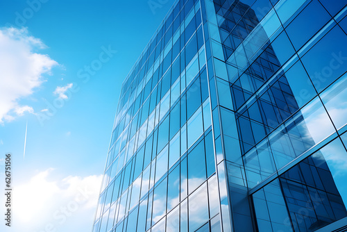 Reflective skyscrapers  business office buildings. Low angle photography of glass curtain wall details of high-rise buildings.The window glass reflects the blue sky and white clouds.
