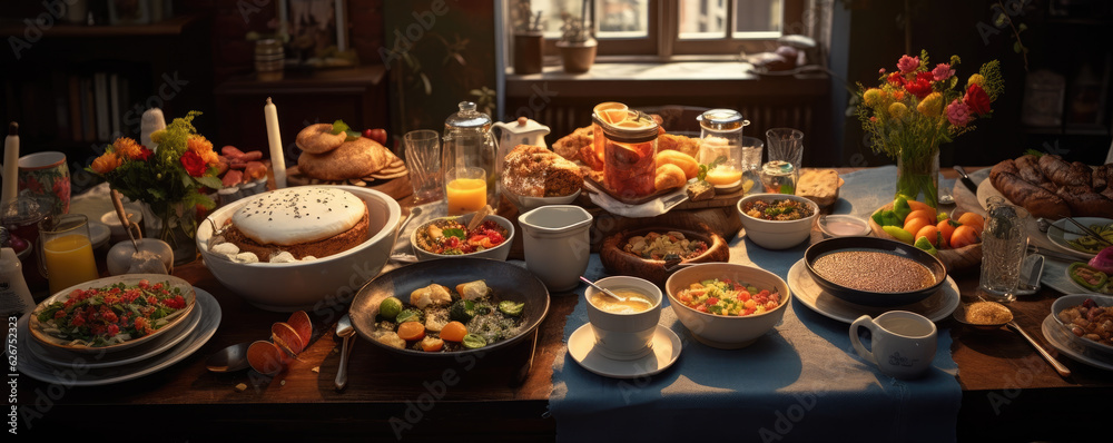 Fancy healthy breakfast spread on a big table, wide banner Fancy healthy breakfast spread on a big table, wide banner