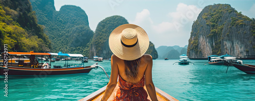 Rear view of young girl with hat and summer dres sitting on boat. copy space for text. © amazingfotommm