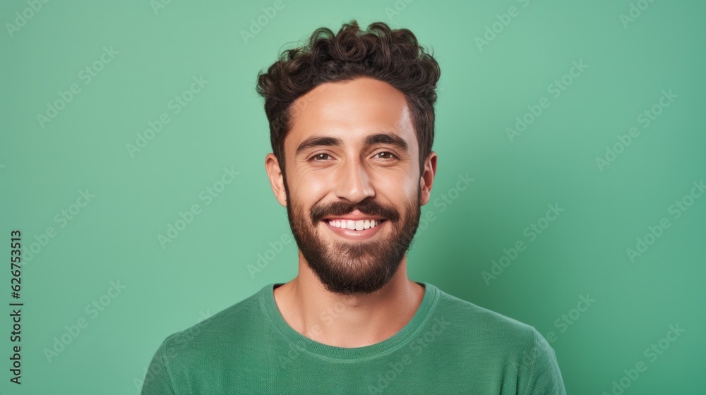 Portrait of young man with soft little black beard on pastel green background. Portrait of young man with soft little black beard on pastel green background.