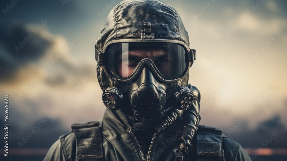 Pilot in mask and helmet with copy space. Generative AI Pilot in mask and helmet with copy space. Generative AI