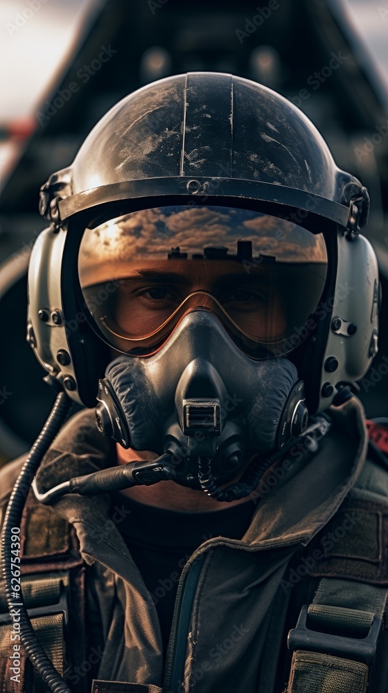 Fototapeta premium Pilot in mask and helmet with copy space. Generative AI