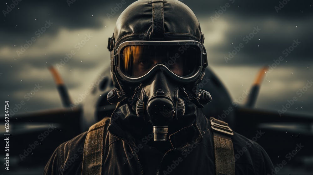 Fototapeta premium Pilot in mask and helmet with copy space. Generative AI