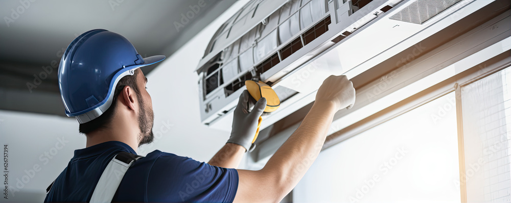 Electrician man repairing air conditioner system - obrazy, fototapety, plakaty 