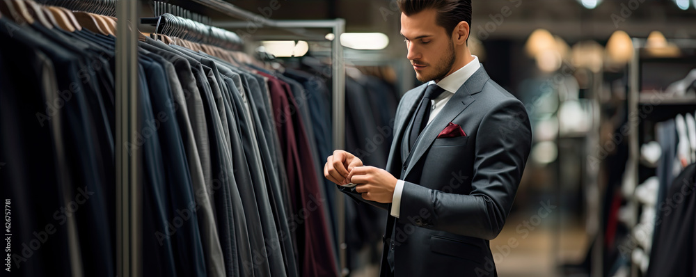 Man in elegant suit choosing a jacket in shop. fashon shop suits in row.