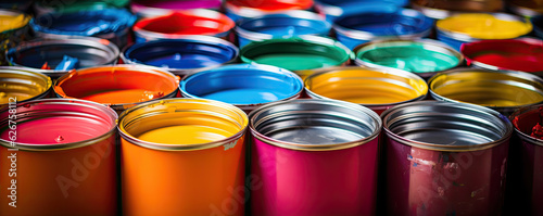Group of color paint cans. wide banner, copy space for text photo
