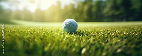 Close up of golf ball on green grass. Golf concept. copy space for text.