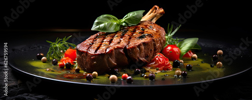 Roe or deer steak with basil pepper and salt on dark plate.