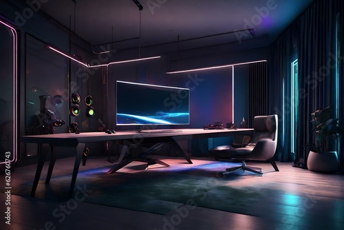 Gaming Lounge with RGB Lights and Luxury Furniture, Minimalist 3D Render Inspiration