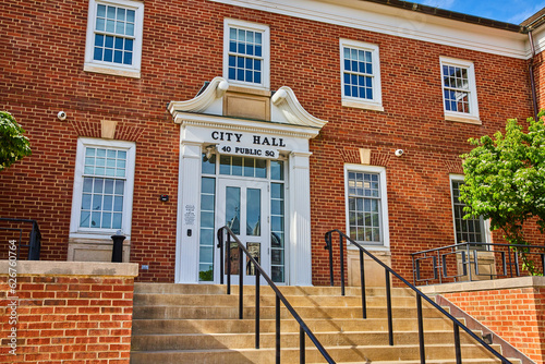 Close up of City Hall exterior in downtown Mount Vernon Ohio