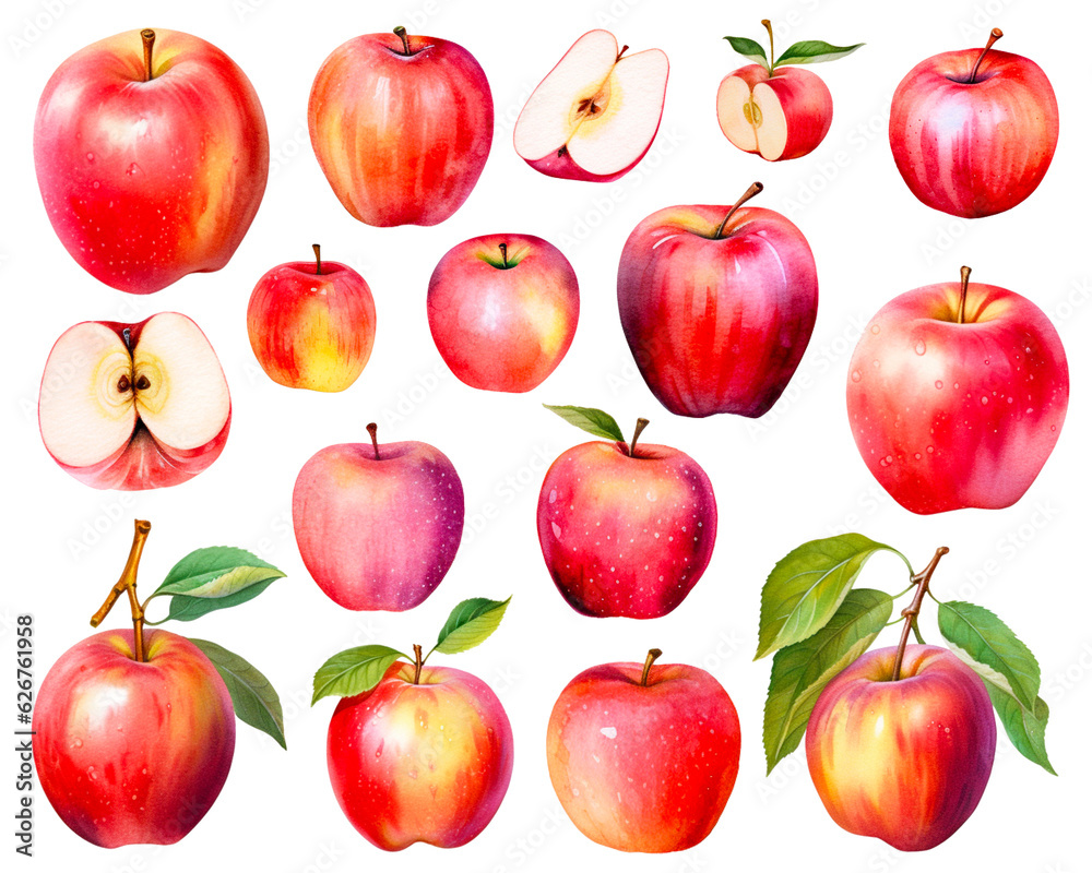 Red apples watercolor set with leaves and flower isolated on white background. PNG transparent background. AI Generative. Red apples watercolor set with leaves and flower isolated on white background. PNG transparent background. AI Generative.