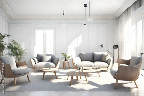 Modern Bright Living Room with Large Cozy Armchairs in Nordic Style, 3D Render