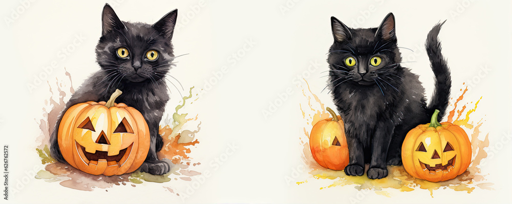 Black cat with pumpkins in halloween time. cartoon stzly photo