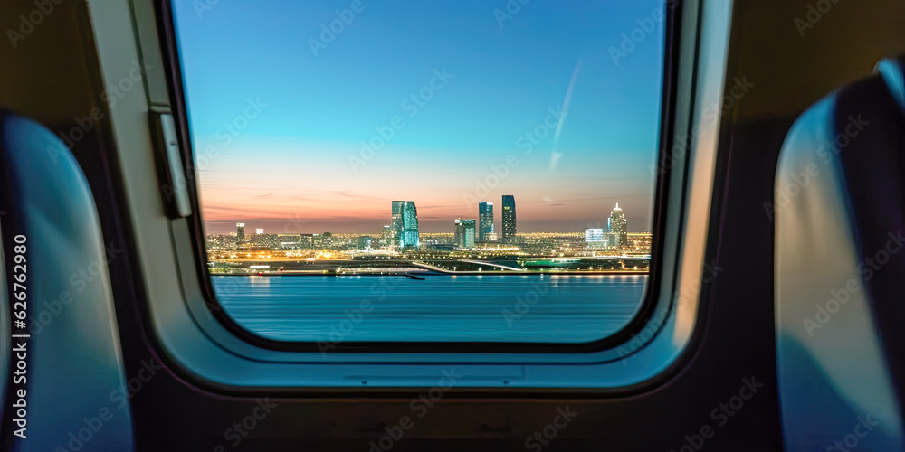 Fototapeta premium Airline business class city view - Generative AI