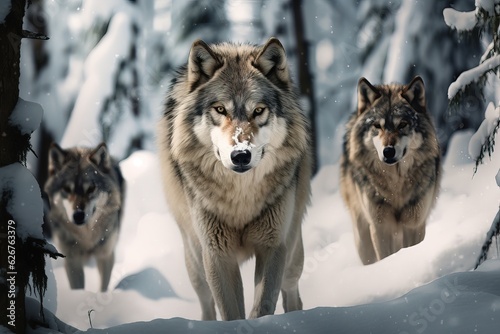 A pack of wolves in the winter forest. Forest predators in winter.