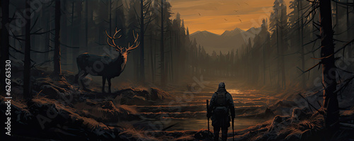 Hunter with rifle and dog in forest. illustration or cartoon.