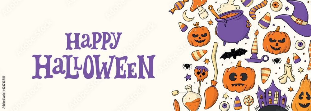 Happy Halloween lettering quote decorated with border of doodles for horizontal banner, social media cover, print, invitation, template with copy space, sign etc. EPS 10