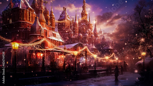 Illustration de Noël - Rue illuminée le soir avec marché de Noël - Générative iA