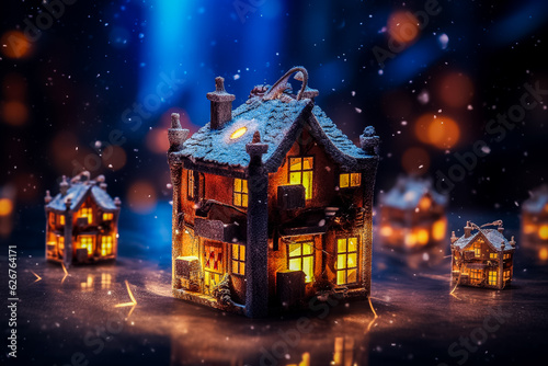 Illustration de Noël - Maisons de village illuminées sous la neige la nuit - Générative iA