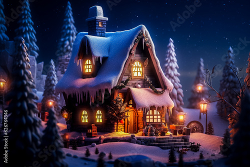 Illustration de Noël - Maison illuminée sous la neige la nuit - Générative iA