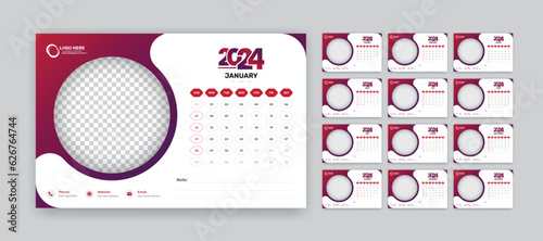 Simple gradient color 12 pages desk calendar template of 2024 with accurate date format and image placeholder