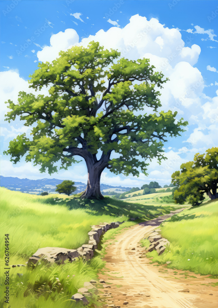 Alone tree in green field with blue sky. illustrative