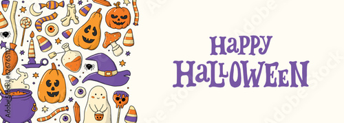 Halloween horizontal banner with lettering quote and doodles. Good for prints, cards, social media covers, wallpaper, invitations, etc. EPS 10
