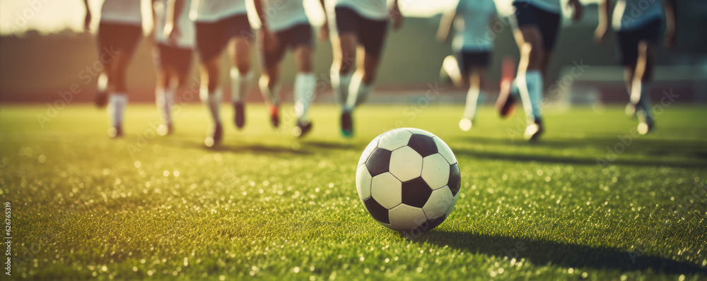 Fototapeta premium Detail of soccer players running after the ball in sunset light.