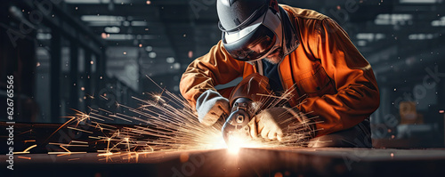 Industrial professional worker grinding metal part in metal industry.