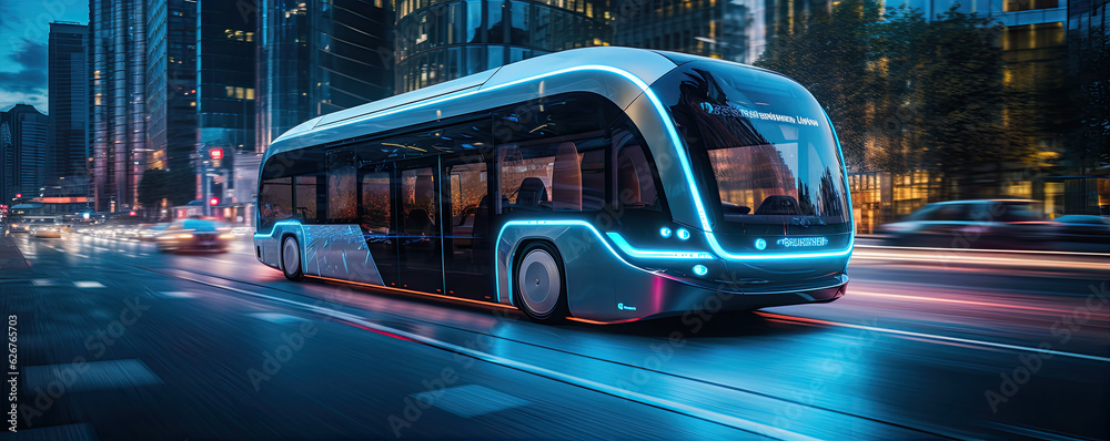 Scifi or futuristic bus in motion in evening city.