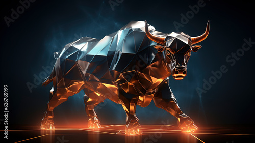 Illustration bull in polygon wireframe glowing lighting style