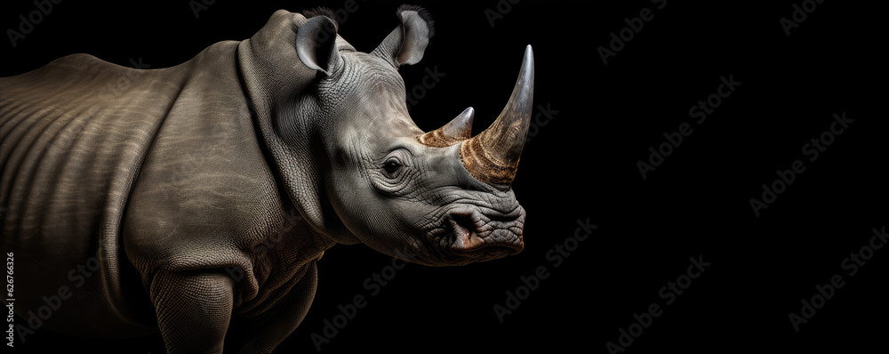 rhino on black background. wide banner - obrazy, fototapety, plakaty 