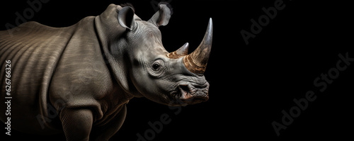 rhino on black background. wide banner photo