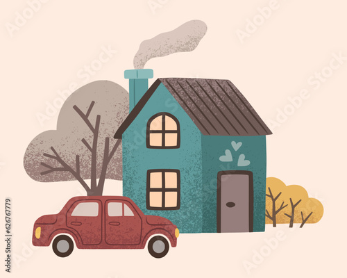 House with car, tree, christmas tree, fir and bushes in a naive children's style.  Autumn colored illustration. Clipart for the design of greeting cards, invitations, prints, stickers and patterns. 