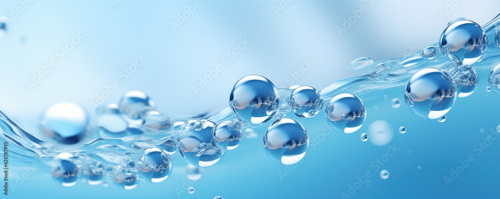 Water drops or oil bubbles on blue background. Droplets panorama picture.