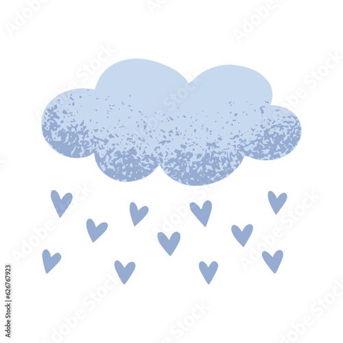 Blue cloud with hearts in a naive children's style. Autumn colored illustration. Cloud in cold pastel colors. Clipart for the design of greeting cards, invitations, prints, stickers and patterns.