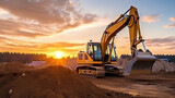 Crawler excavator during earthwork on construction site at sunset. heavy earth mover on the construction site.