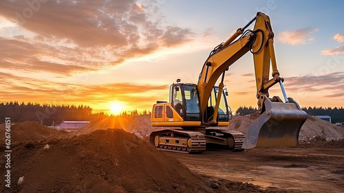 Crawler excavator during earthwork on construction site at sunset. heavy earth mover on the construction site. photo