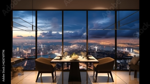 At the rooftop of a skyscraper, there is a luxurious dining table set for dinner. Through the expansive floor-to-ceiling windows, you can enjoy the captivating view of a serene blue sky