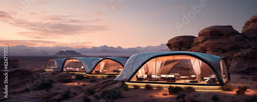 Glamping houses in desert landscape. Futuristic glamping in rocky mountains. © amazingfotommm