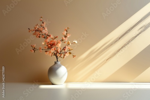 A white vase holding an arrangement of pink flowers  standing out against the backdrop of a light yellow wall  exuding a soft ambiance. Photorealistic illustration